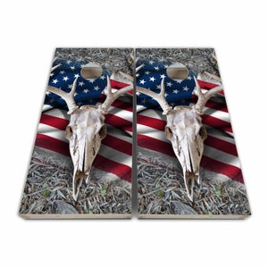 American Flag Deer Skull Cornhole Wraps - Cornhole Wraps - Cornhole Skins - Vinyl Wrap - Laminated Set