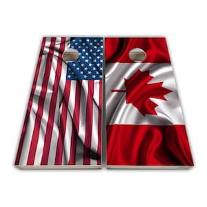 May include: Two wooden cornhole boards with a red, white, and blue American flag on one side and a red and white Canadian flag on the other side.