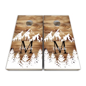Personalized Stained Wood Mountains Cornhole Wraps - Cornhole Wraps - Cornhole Skins - Vinyl Wrap - Laminated Set