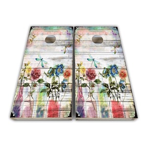 Envolturas para cornhole con flores y libélulas - Envolturas para cornhole - Pieles para cornhole - Envoltura de vinilo - Juego laminado