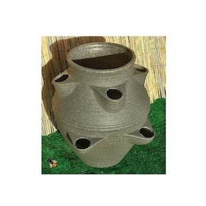 May include: A grey ceramic planter with multiple holes for planting. The planter is shaped like a large, round pot with a wide opening at the top.