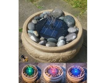 Solar Water Feature Fountain with LED Lights Pebble Pool Patio Decking Sandstone Colour
