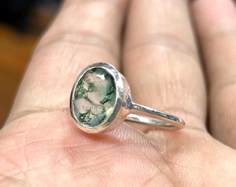 Handmade Oval Moss Agate Ring: 925 Sterling Silver Gemstone