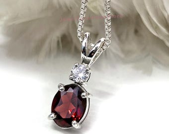 Oval Garnet Necklace: Sterling Silver Pendant with Moissanite, January Birthstone