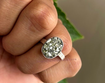 Anello di pirite ovale, anello in argento sterling 925, anello di pietra preziosa di pirite naturale, anello di promessa, anello di nozze, gioielli di pirite, regalo per Natale