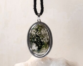 Natural Moss Agate Pendant: Oval Cabochon, 925 Sterling Silver