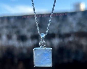 Rainbow Moonstone Pendant: Square 925 Sterling Silver Handmade Necklace
