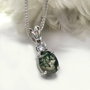 Oval Moss Agate Pendant Necklace: Vintage 925 Sterling Silver, Moissanite Accent