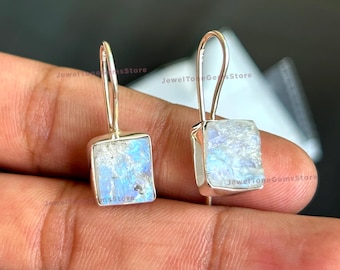 Raw Moonstone Dangle Earrings: 925 Sterling Silver, Handmade