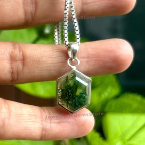 Hexagon Moss Agate Pendant: 925 Sterling Silver Boho Jewelry