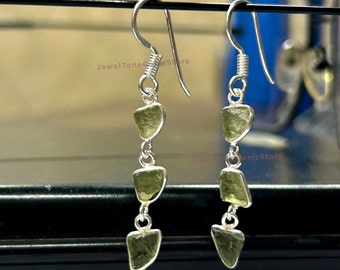 Sterling Silver Moldavite Earrings: Raw Gemstone Dangle Jewelry