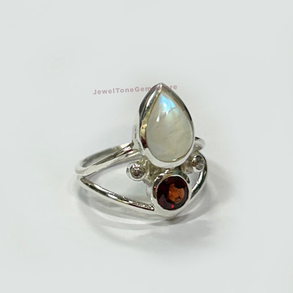 Rainbow Moonstone Ring, 925 Sterling Silver Ring, Pear Moonstone Ring, Garnet ring, Flashy Moonstone Ring, Gift For Her, Mother's Day Gift