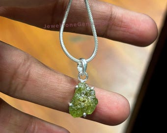 Raw Peridot Pendant: Sterling Silver August Birthstone Necklace