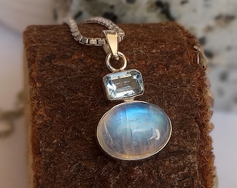 Rainbow Moonstone Pendant: Handmade 925 Sterling Silver, Blue Topaz Accent
