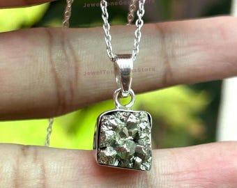 Raw Pyrite Druzy Pendant: 925 Sterling Silver Necklace, Handmade Jewelry