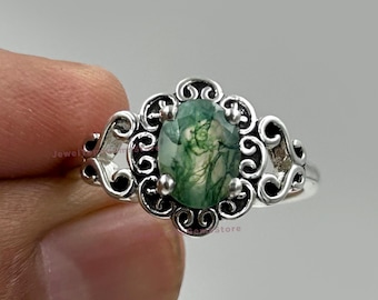 Oval Moss Agate Ring: Handmade 925 Sterling Silver, Antique Style