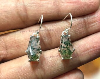 Moss Agate Coffin Earrings: 925 Sterling Silver Dangle Jewelry