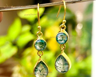 Moss Agate Dangle Earrings: 925 Sterling Silver, Natural Green Stone