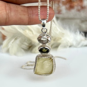 Raw Moldavite Libyan Desert Glass Pendant: Sterling Silver Herkimer Necklace