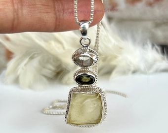 Raw Moldavite Libyan Desert Glass Pendant: Sterling Silver Herkimer Necklace