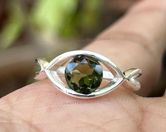 Faceted Moldavite Sterling Silver Ring: Meteorite Crystal Jewelry