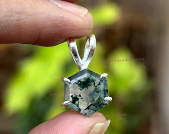 Moss Agate Pendant: 925 Sterling Silver Hexagon Solitaire