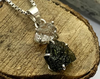 Moldavite Herkimer Diamond Pendant: 925 Sterling Silver Czech Jewelry
