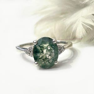 Oval Moss Agate Engagement Ring: 925 Sterling Silver Bridal Jewelry