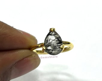 Dainty Tear Drop Black Rutilated Quartz Ring, Pear Cut Salt And Pepper Minimalist Ring, Anniversary Ring, Promise Ring, Unique Gift For Her