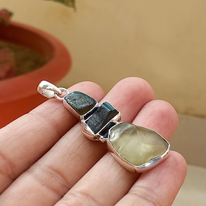 Echte natuurlijke hanger van moldaviet en Libische woestijnglas, echte hanger met zwarte toermalijn van Moldaviet, 925 sterlingzilveren ketting