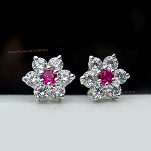Certified VVS1 Moissanite Solitaire Stud Earrings, Ruby Earring with Moissanite, Round Cut Moissanite, Floral Earring, 925 Silver Earrings