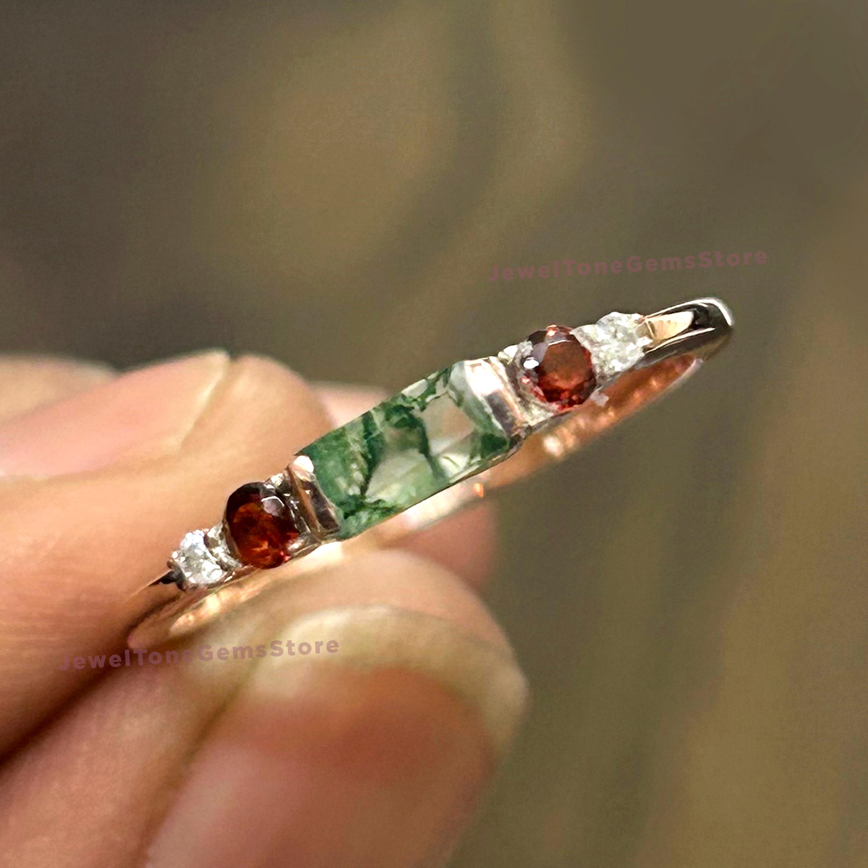 Moss Agate Sterling Silver Ring: Garnet Eternity Band, Handmade