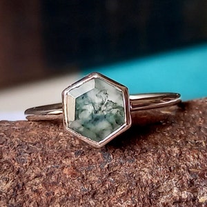 Hexagon Moss Agate Ring, 925 Sterling Silver Ring, Hexagon Gemstone Ring, Promise Ring, Wedding Ring, Moss Agate Jewelry, Gift For Her