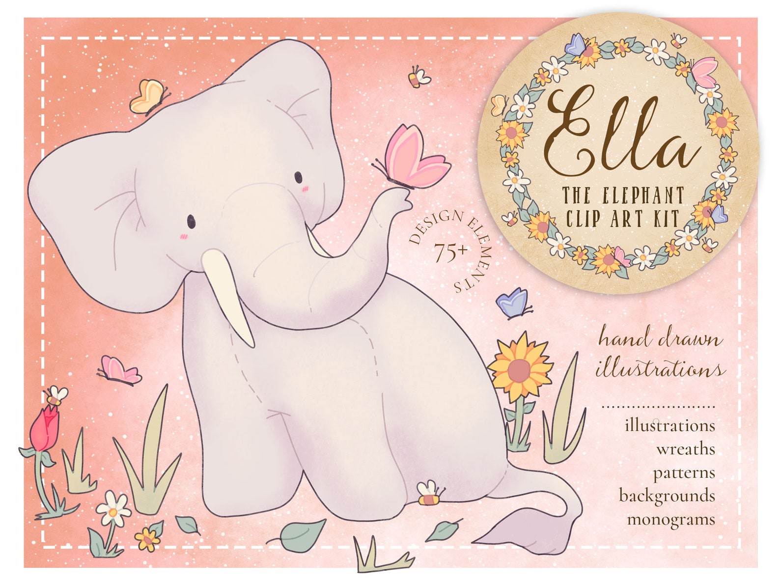 Ella the Elephant Nursery Clip Art Hand Drawn Illustration | Etsy