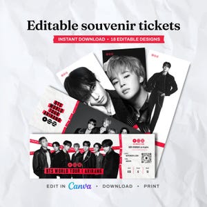 May include: A collection of editable souvenir tickets featuring black and white portraits of the music group BTS. The designs include red accents, the text BTS WORLD TOUR ARIRANG, and details for SoFi Stadium, Los Angeles, September 6, 2026.