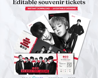 BTS Arirang Tour Souvenir-Tickets | Bearbeitbare Canva-Vorlage | 18 Designs für alle Mitglieder | Kostenloses Konzert-Ticket | Druckanleitung | Sofort-Download