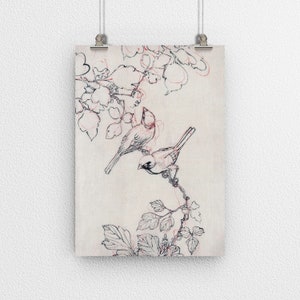 Two Birds Perched on Grapevines - Reproduced Vintage Japanese Art Print Poster - Retro - Wall Decor for Home & Office - A6 A5 A4 A3 A2 Sizes