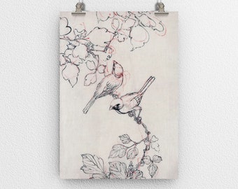 Dos pájaros posados en vides - Póster de impresión de arte japonés vintage reproducido - Retro - Decoración de pared para el hogar y la oficina - Tamaños A6 A5 A4 A3 A2