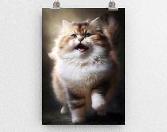 Juguetón lindo gato gatito cartel impresión, esponjoso peludo, tierno amigo felino, arte digital, arte moderno, decoración de la pared, Purrfect para el hogar y la oficina