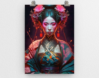 Japanese Woman Portrait Poster Print, Geisha, Empress, Female, Digital Art, Modern Art, Wall Decor, Neon, Oriental, for Home & Office, Gift