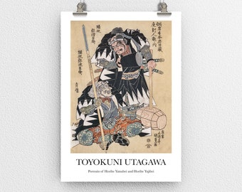 Retratos de Horibe Yatsubei y Horibe Yajibei, por Toyokuni Utagawa - Póster de impresión de arte japonés vintage reproducido - Decoración de la pared de la oficina en casa