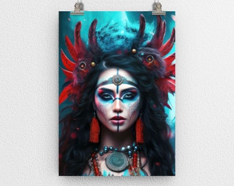 Indian Woman Portrait Poster Print, Female Figure, Mystical, Spiritual, Tribal, Digital Art, Modern Art, Wall Decor, for Home & Office, Gift