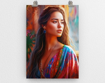 Latin Female Portrait Poster Print, Feminine, Latina, Latino, Chica, Hispanic, Digital Art, Modern Art, Wall Decor, for Home & Office, Gift