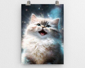 Dulce lindo gato gatito cartel impresión, esponjoso peludo, tierno amigo felino, arte digital, arte moderno, decoración de la pared, Purrfect para regalo de hogar y oficina