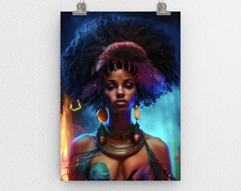Afrocentric Woman Portrait Poster Print, Afro, African, Female, Digital Art, Modern Art, Wall Decor, Colourful Design, for Home Office, Gift
