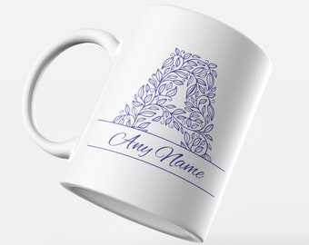 Taza personalizada + Opción de juego de posavasos / Letra inicial del alfabeto / Hermoso regalo para cumpleaños, amor, Navidad, amistad, gracias,