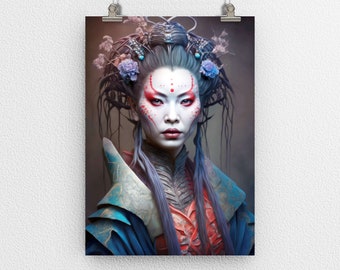 Japanese Geisha Portrait Poster Print, Female, Empress, Female, Digital Art, Modern Art, Wall Decor, Neon, Oriental, for Home & Office, Gift