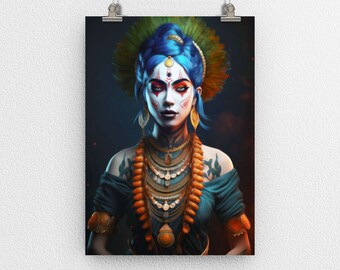 Indian Woman Portrait Poster Print, Female Figure, Mystical, Spiritual, Tribal, Digital Art, Modern Art, Wall Decor, for Home & Office, Gift
