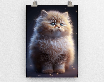 Adorable lindo gato gatito cartel impresión, esponjoso peludo, tierno amigo felino, arte digital, arte moderno, decoración de la pared, Purrfect para el hogar y la oficina
