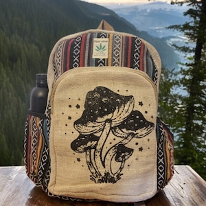 Mushrooms printed biho hippie large size bagpack made of all imperial hemp hand-crafted hemp product made in Nepal .